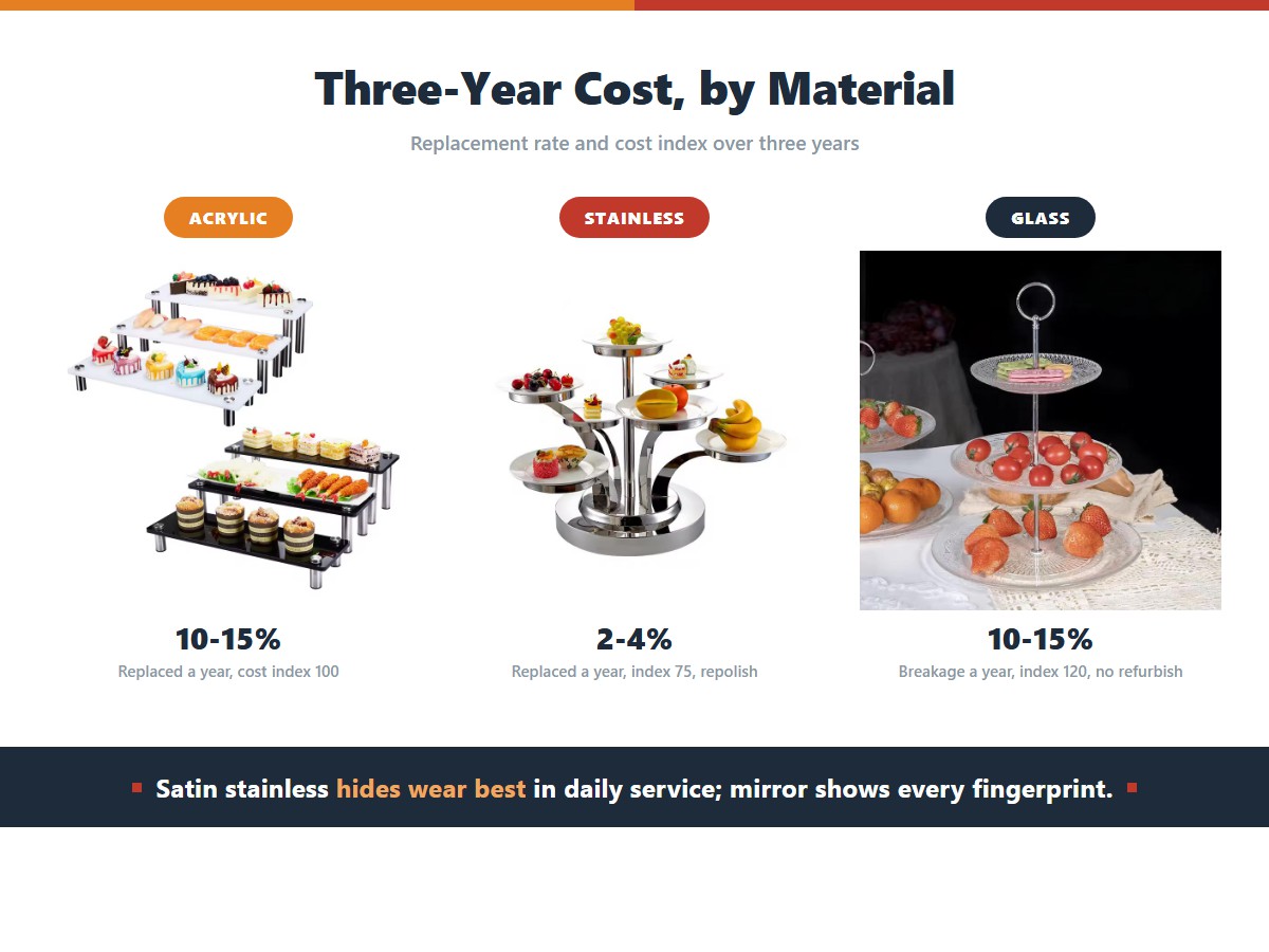 Three cake stand materials compared on three-year cost: acrylic risers with a 10-15 percent annual replacement rate at cost index 100, stainless with 2-4 percent at index 75 and repolishing, and glass with 10-15 percent breakage at index 120 and no refurbishment