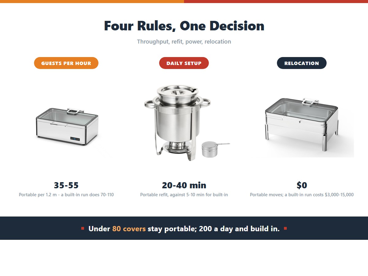 Four decision rules for choosing between portable and built-in buffet stations: guests per hour per 1.2 m section of 35 to 55 for portable against 70 to 110 for built-in, daily setup time of 20 to 40 minutes against 5 to 10 minutes, and relocation cost of zero for portable against $3,000 to $15,000 for a built-in run