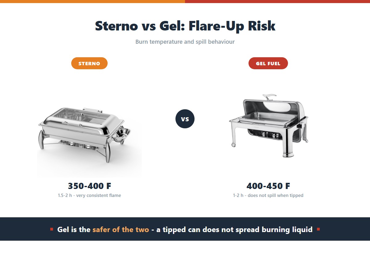 Sterno against gel fuel: Sterno burning at 350 to 400 degrees Fahrenheit for one and a half to two hours with a very consistent flame, against gel at 400 to 450 degrees for one to two hours that does not spill when tipped
