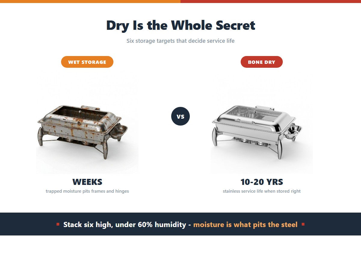 Chafing dish storage compared: a unit stored wet develops surface rust and pitting within weeks, while a bone-dry stainless chafer stacked no more than six high under 60 percent humidity lasts 10 to 20 years