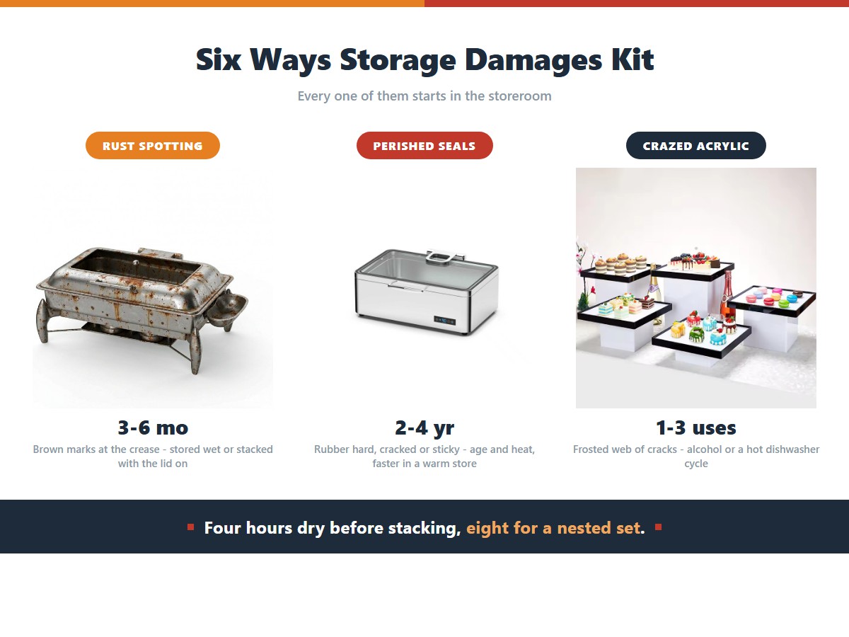 Three storage failures of buffet equipment and how quickly each appears: rust spotting at the crease and base within 3 to 6 months from storing wet or stacking with the lid on, perished rubber seals within 2 to 4 years from age and heat, and crazed acrylic within 1 to 3 contacts with alcohol or a hot dishwasher cycle
