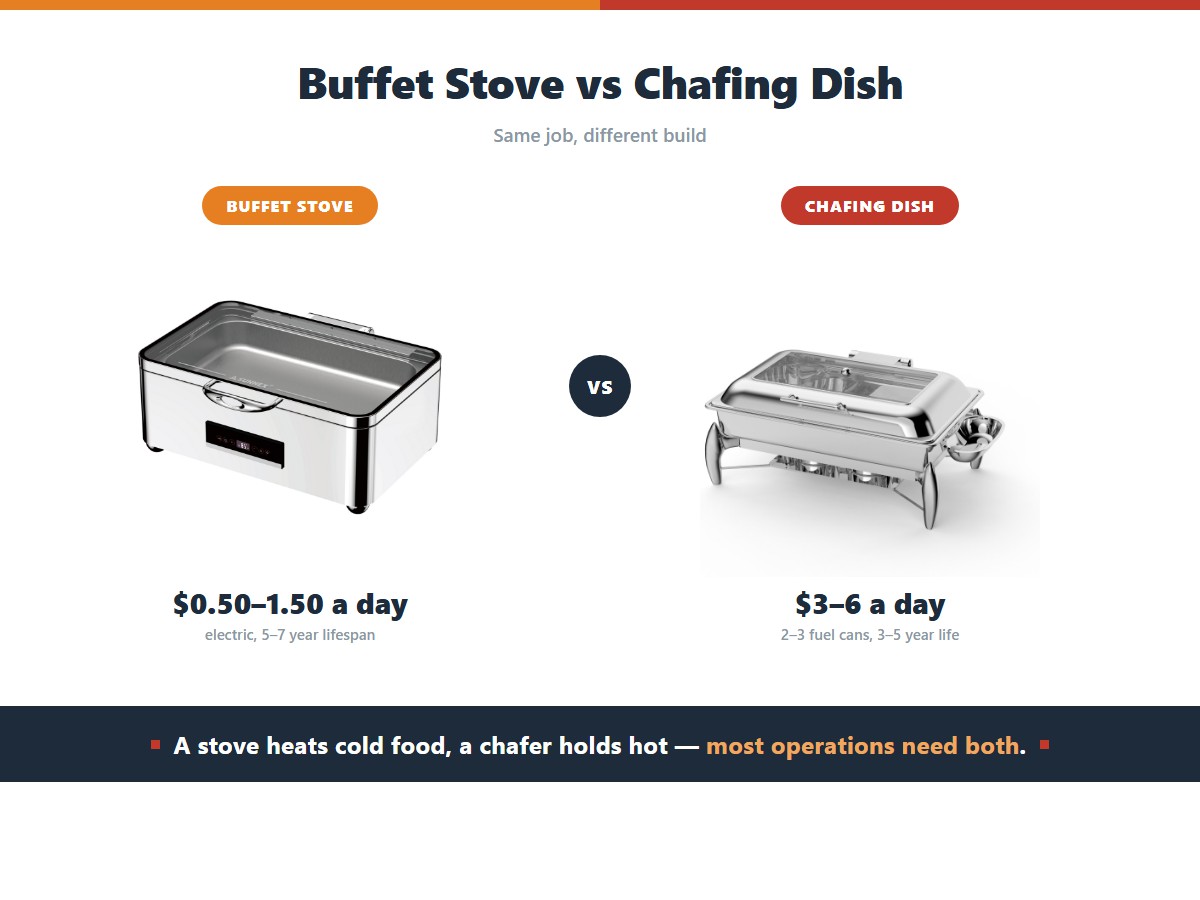 Comparing the running economics of a buffet stove and a chafing dish: an electric buffet stove costs 0.50 to 1.50 dollars a day to run and lasts five to seven years with descaling and wipe-down maintenance, while a traditional chafing dish burns two to three fuel canisters at 3 to 6 dollars a day and lasts three to five years