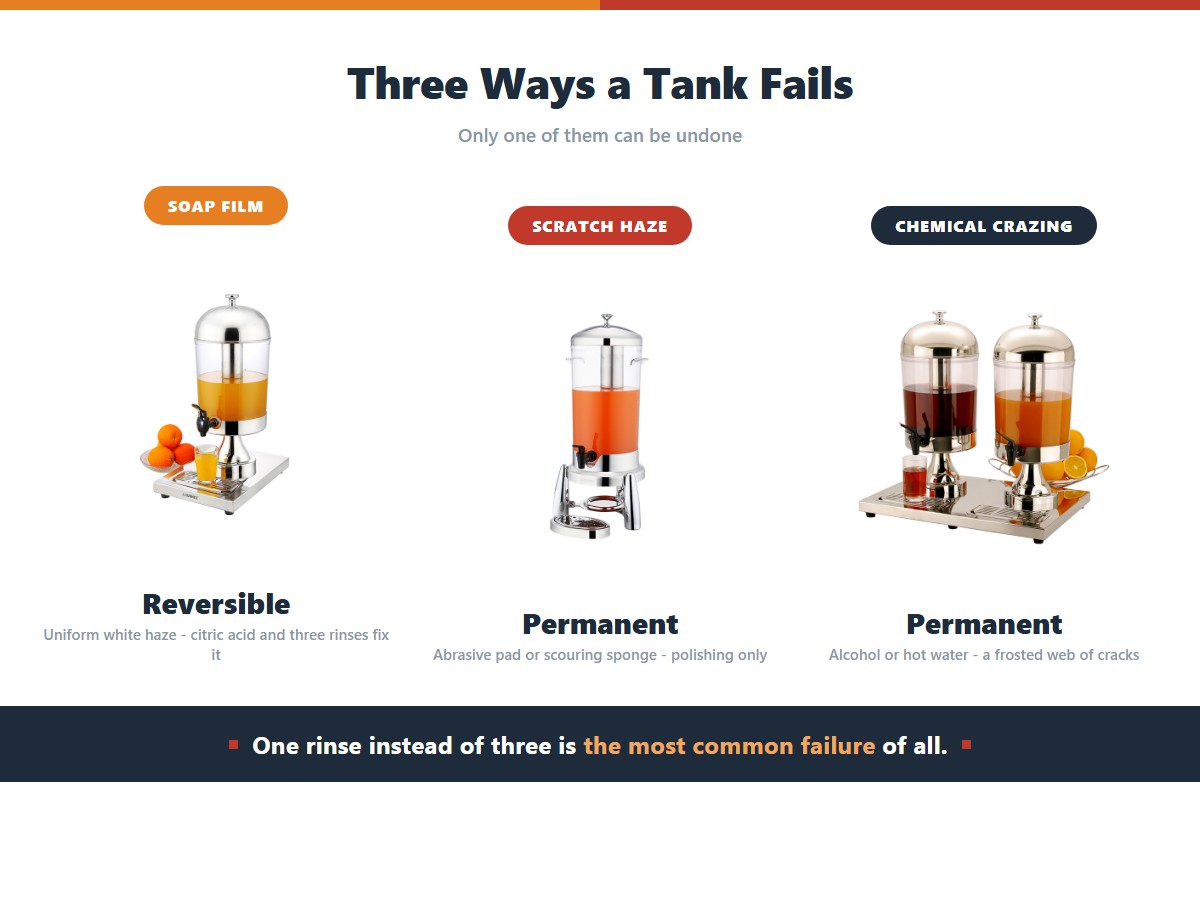 Three failure modes of a cloudy beverage dispenser tank: a reversible soap film showing as a uniform white haze that citric acid and three rinses fix, permanent scratch haze from an abrasive pad or scouring sponge that only polishing reduces, and permanent chemical crazing from alcohol or hot water that looks like a frosted web of cracks