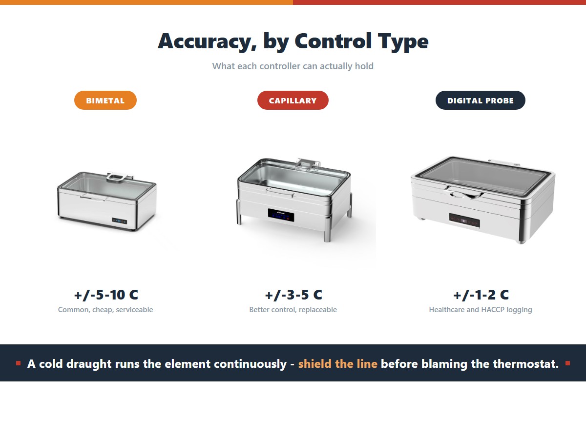 Three chafing dish thermostat types with accuracy: a bimetal thermostat holding within 5-10 C and common and serviceable, a capillary thermostat within 3-5 C with better control, and a digital probe control within 1-2 C suited to healthcare and HACCP logging