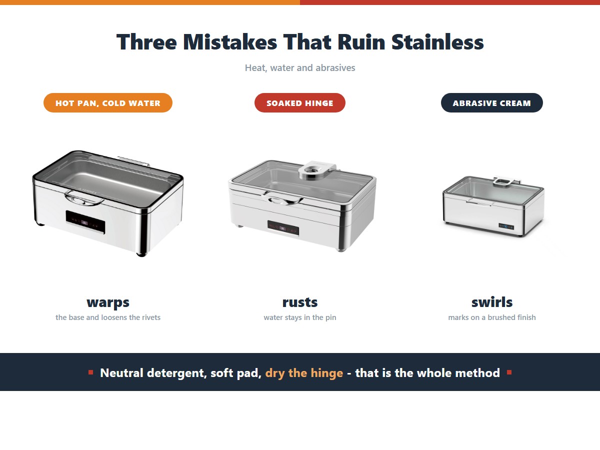 Three chafer cleaning mistakes: cold water on a hot pan that warps the base and loosens the rivets, a soaked hinge where water stays in the pin and rusts it, and abrasive cream that leaves swirl marks on a brushed finish