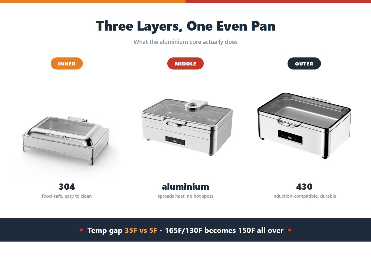 Three layer chafer base stack: a 304 stainless inner food surface, an aluminium middle core that spreads heat and removes hot spots, and a 430 magnetic stainless outer layer that is induction compatible