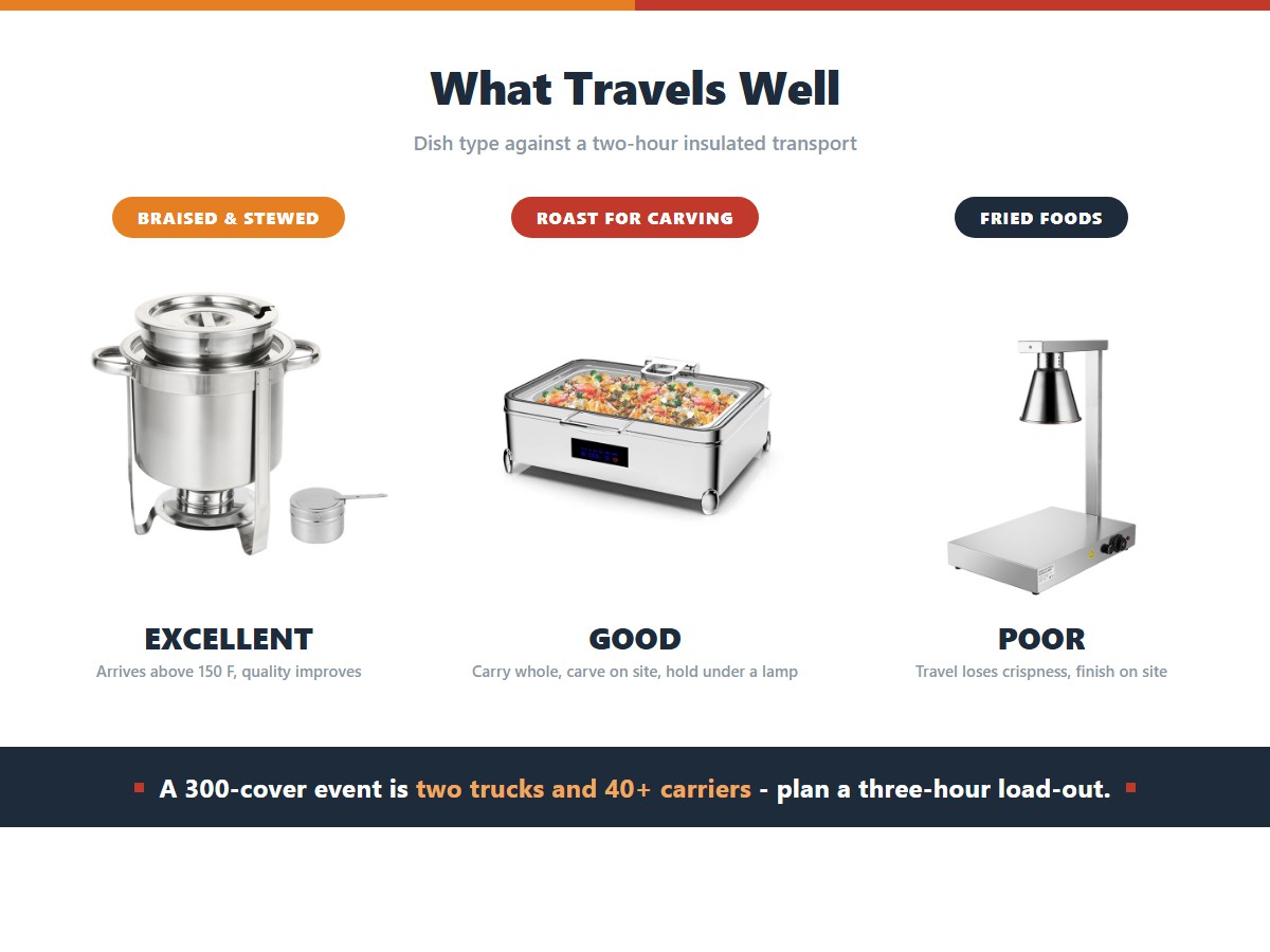 Three dish types against two-hour insulated transport: braised meats and stews travelling excellently and arriving above 150 F, roast meat carried whole for carving on site, and fried foods travelling poorly and needing to be finished on site or under a heat lamp