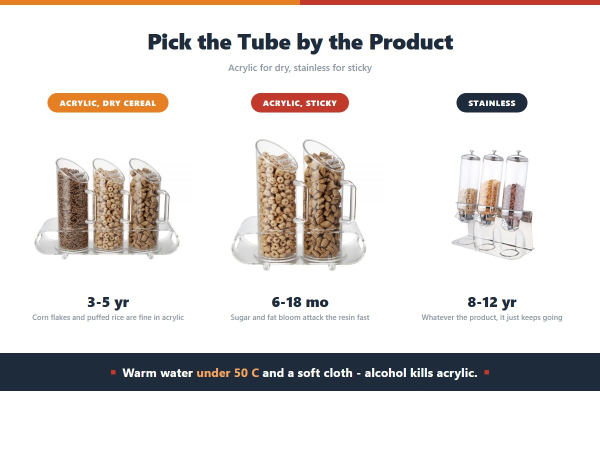 Cereal dispenser tube material chosen by product: acrylic lasting 3 to 5 years with dry cereal like corn flakes and puffed rice, acrylic lasting only 6 to 18 months with sticky sugary products that bloom on the resin, and stainless steel lasting 8 to 12 years regardless of the product