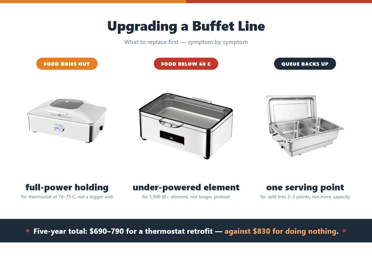 Matching buffet line symptoms to the correct fix: food drying out on the line comes from full-power holding and is fixed by a thermostat at 70 to 75 degrees rather than a bigger unit, food falling below 60 degrees comes from an under-powered element and is fixed by a 1,500 watt element rather than longer preheating, and a queue backing up comes from one serving point and is fixed by splitting into two or three points