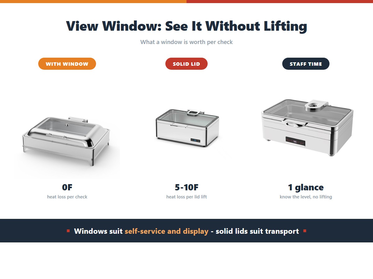 View window chafer benefits: zero degrees of heat loss per check against five to ten degrees for a solid lid lift, and a single glance replacing a lid lift to check the food level