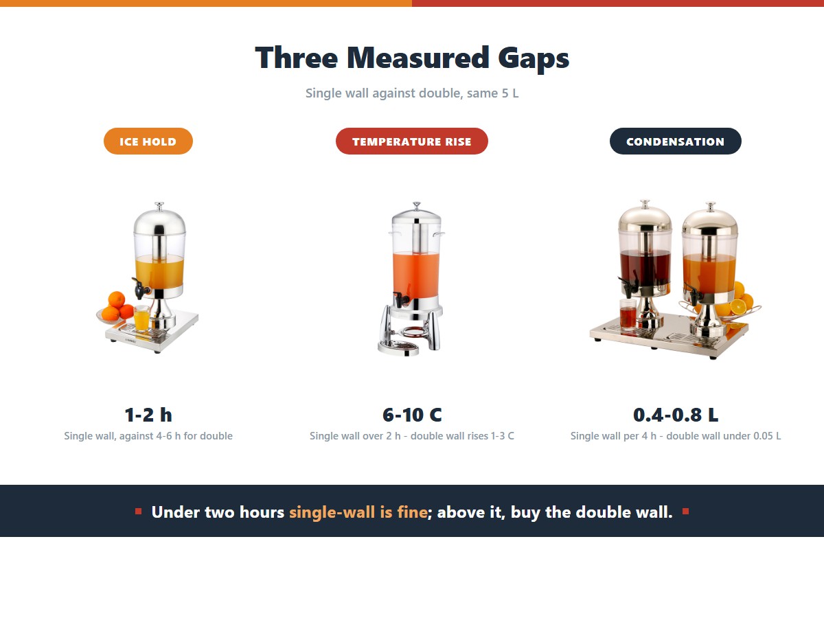 Three measured differences between single-wall and double-wall beverage dispensers: ice hold of 1 to 2 hours against 4 to 6 hours, a drink temperature rise of 6 to 10 C over two hours against 1 to 3 C, and condensation of 0.4 to 0.8 litres per four hours against under 0.05 litres