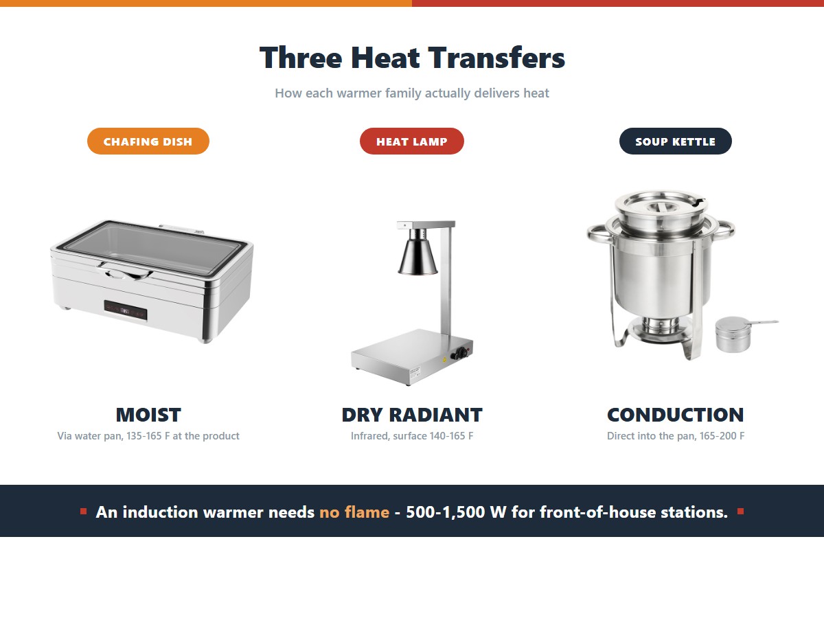 Three commercial warmer families by heat transfer: an electric chafing dish delivering moist heat through a water pan at 135-165 F, a single-head heat lamp delivering dry radiant infrared to the surface at 140-165 F, and a soup kettle conducting heat directly into the pan at 165-200 F