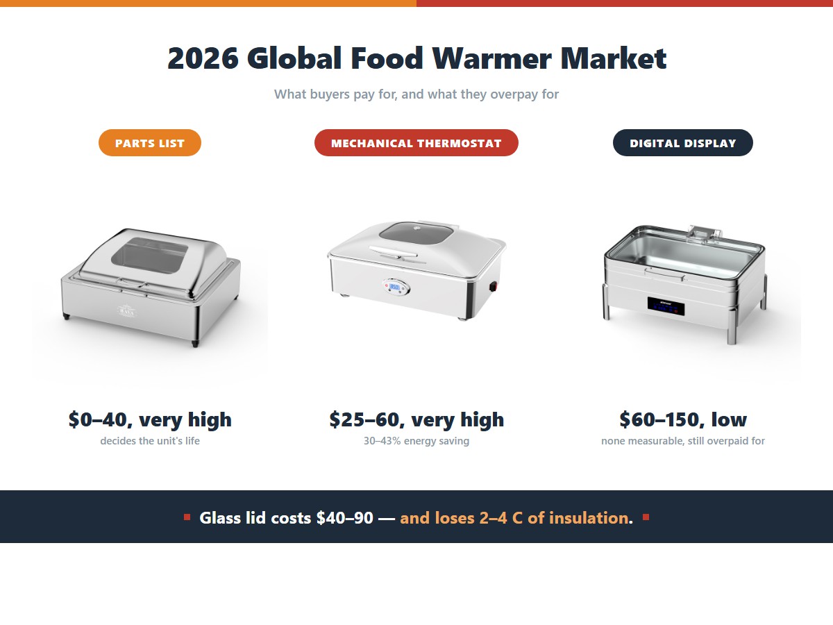 What buyers actually pay for in the commercial food warmer market: a published spare-parts list costs 0 to 40 dollars and buyer willingness is very high because it decides the unit's life, a mechanical thermostat costs 25 to 60 dollars with a 30 to 43 percent energy saving, and a digital display panel costs 60 to 150 dollars with no measurable benefit yet is still widely overpaid for