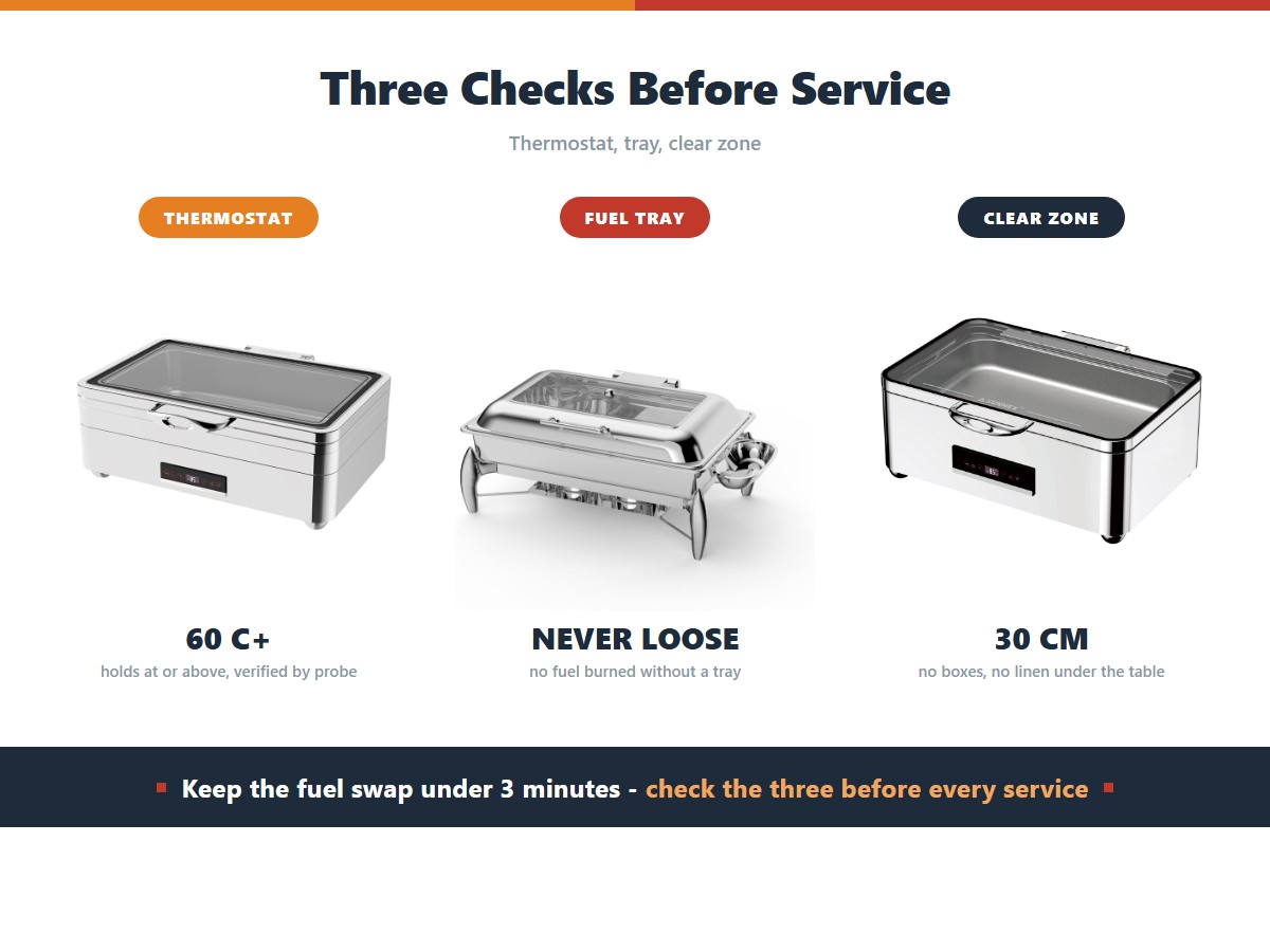 Buffet warmer safety: verify a thermostat holding 60 degrees or above with a probe rather than a dial, never burn fuel without a drip tray fitted, and keep a 30 centimetre clear zone under the table with no combustible storage
