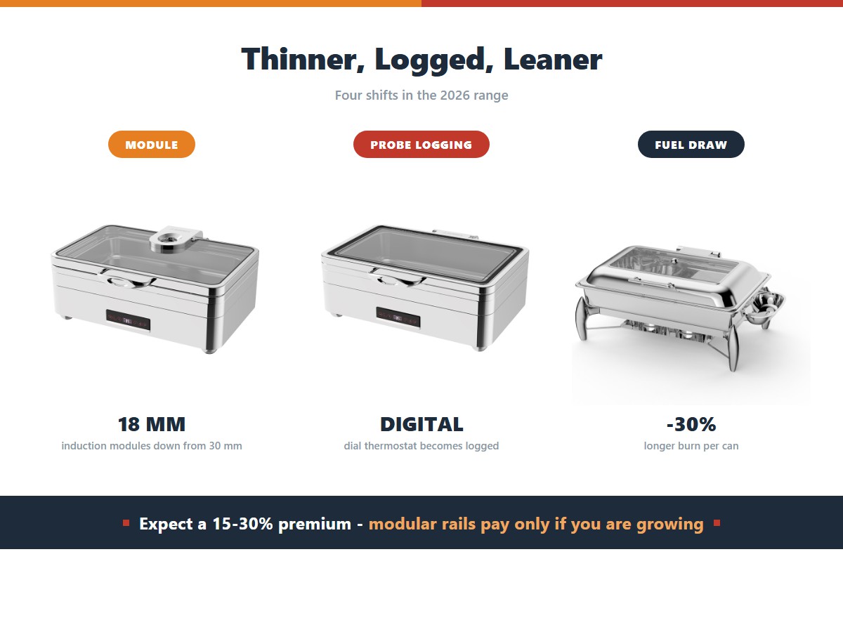 Buffet warmer trends in 2026: induction modules thin from 30 to 18 millimetres, dial thermostats give way to digital control with probe logging, fuel draw per holding hour drops 30 percent, and modular rails let a four-station line become an eight-station one, at a 15 to 30 percent premium over 2023 prices