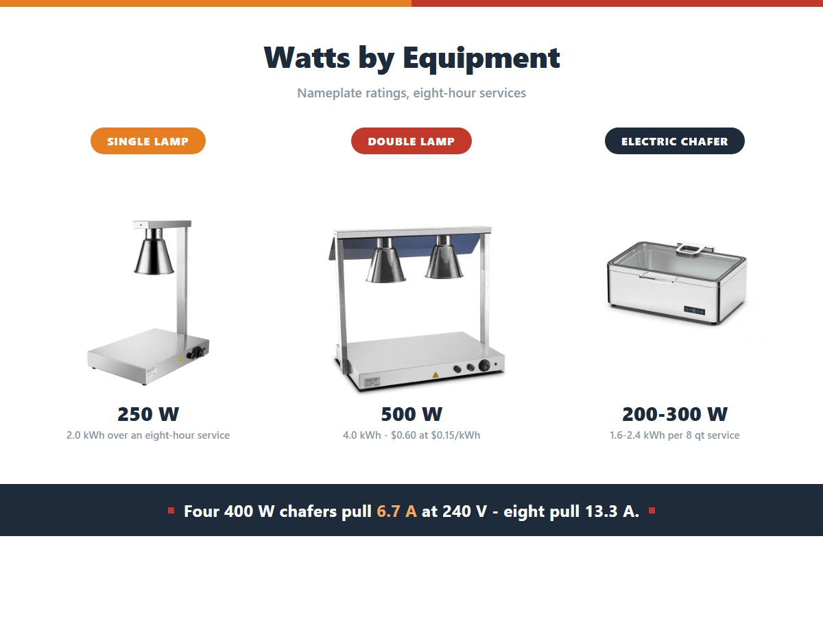 Rated power draw for three common buffet warmers: a single-head heat lamp at 250 W using 2.0 kWh over an eight-hour service, a double-head heat lamp at 500 W using 4.0 kWh, and an 8 qt electric chafing dish at 200 to 300 W using 1.6 to 2.4 kWh