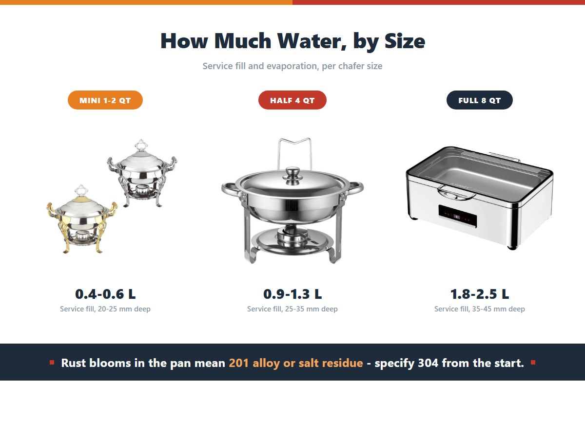 Three chafer sizes with water pan service fill: a mini 1-2 quart unit taking 0.4-0.6 litres at 20-25 mm depth, a half-size 4-quart unit taking 0.9-1.3 litres at 25-35 mm, and a full-size 8-quart unit taking 1.8-2.5 litres at 35-45 mm