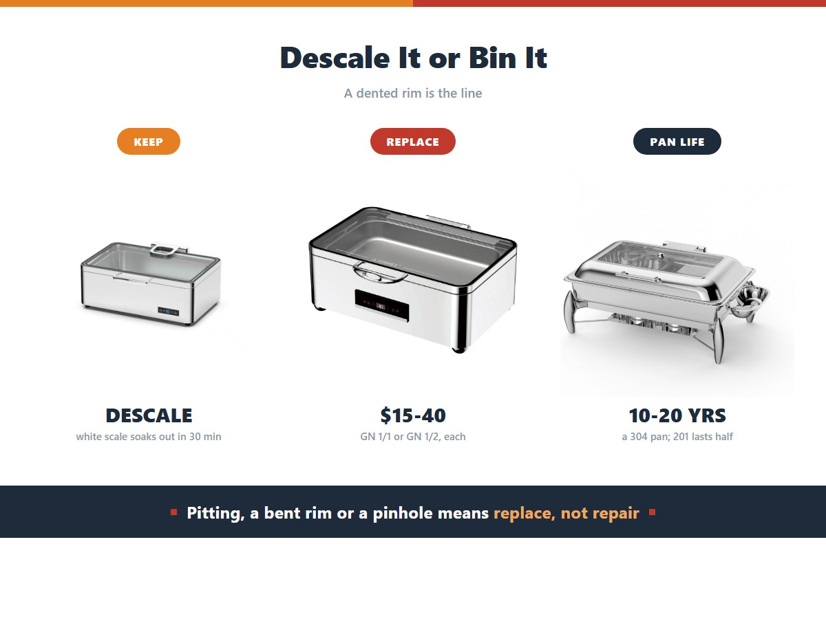 Chafing dish water pan replacement: white scale comes out with a 30 minute vinegar soak, but pitting, a dented rim or a pinhole leak means replacing the pan at 15 to 40 dollars, with a 304 stainless pan lasting 10 to 20 years against half that for a 201 pan