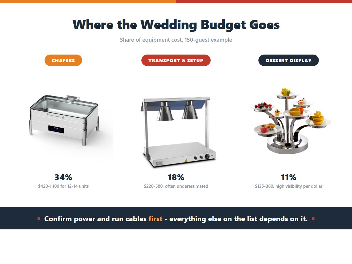 Three shares of a 150-guest wedding equipment budget: chafing dishes at 34 percent costing $420-1,100, transport and setup at 18 percent costing $220-580 and often underestimated, and the dessert display at 11 percent costing $135-360 with high visibility per dollar