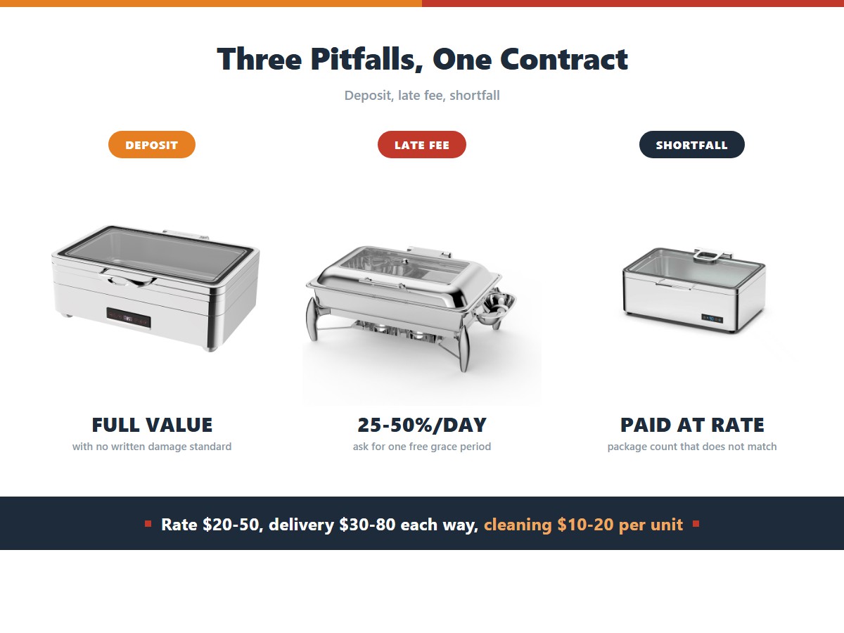 Wedding chafing dish rental pitfalls: a deposit equal to full replacement value with no written damage standard, late fees of 25 to 50 percent per day, and a package shortfall paid at rental price, against a rate of 20 to 50 dollars per unit per day with 30 to 80 dollars delivery each way