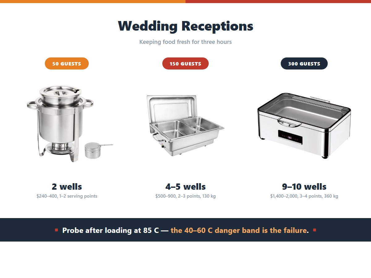 How many wells and how much equipment a three-hour wedding reception needs by guest count: 50 guests need two wells and 240 to 400 dollars of equipment across one or two serving points, 150 guests need four to five wells and 500 to 900 dollars across two or three points for 130 kilograms of food, and 300 guests need nine to ten wells and 1,400 to 2,000 dollars across three or four points for 360 kilograms
