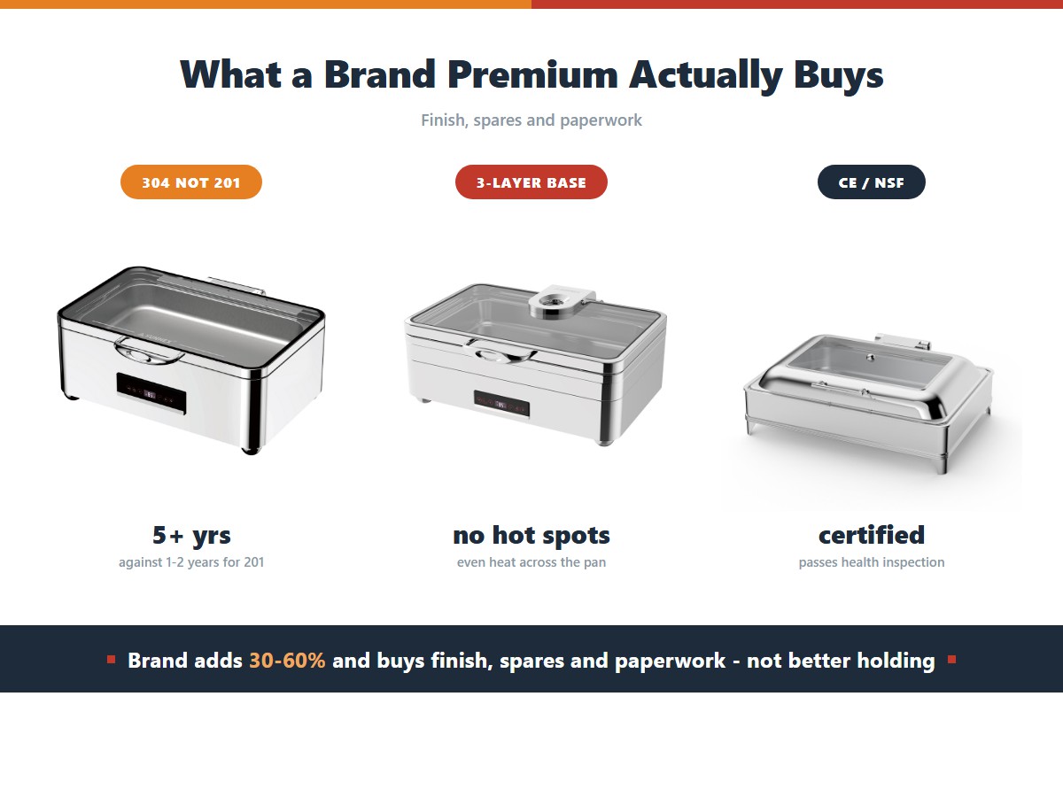 What a chafer brand premium buys: a 304 stainless pan lasting over five years against one to two for 201, a three layer base with no hot spots, and CE or NSF certification that passes health inspection