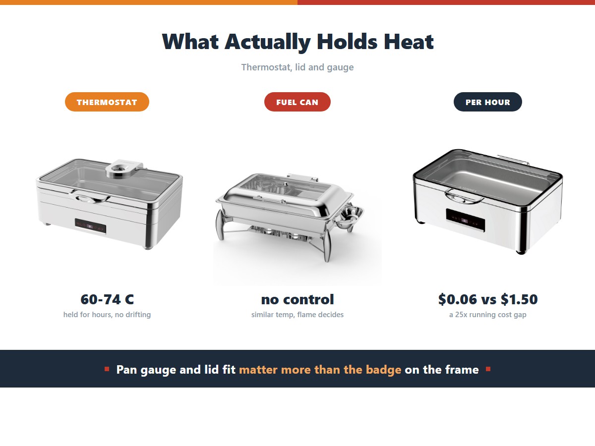 What holds heat in a chafer: a thermostatic electric unit holding 60 to 74 degrees for hours, a fuel can at similar temperature with no control, and a running cost gap of six cents against a dollar fifty per hour