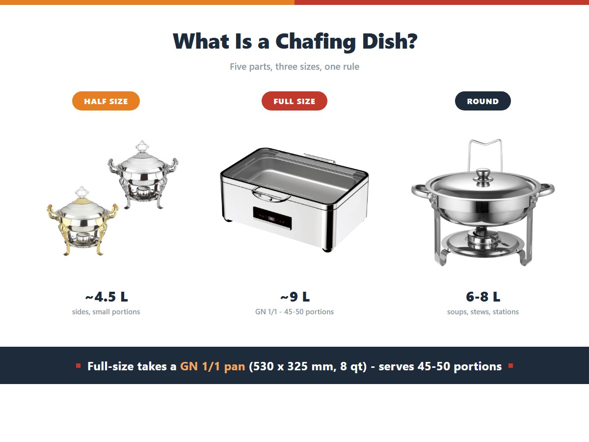 Three chafer sizes: a two litre mini unit for sides and small portions, a full size nine litre unit taking a GN 1/1 pan and serving 45 to 50 portions, and a round six to eight litre unit for soups stews and station setups