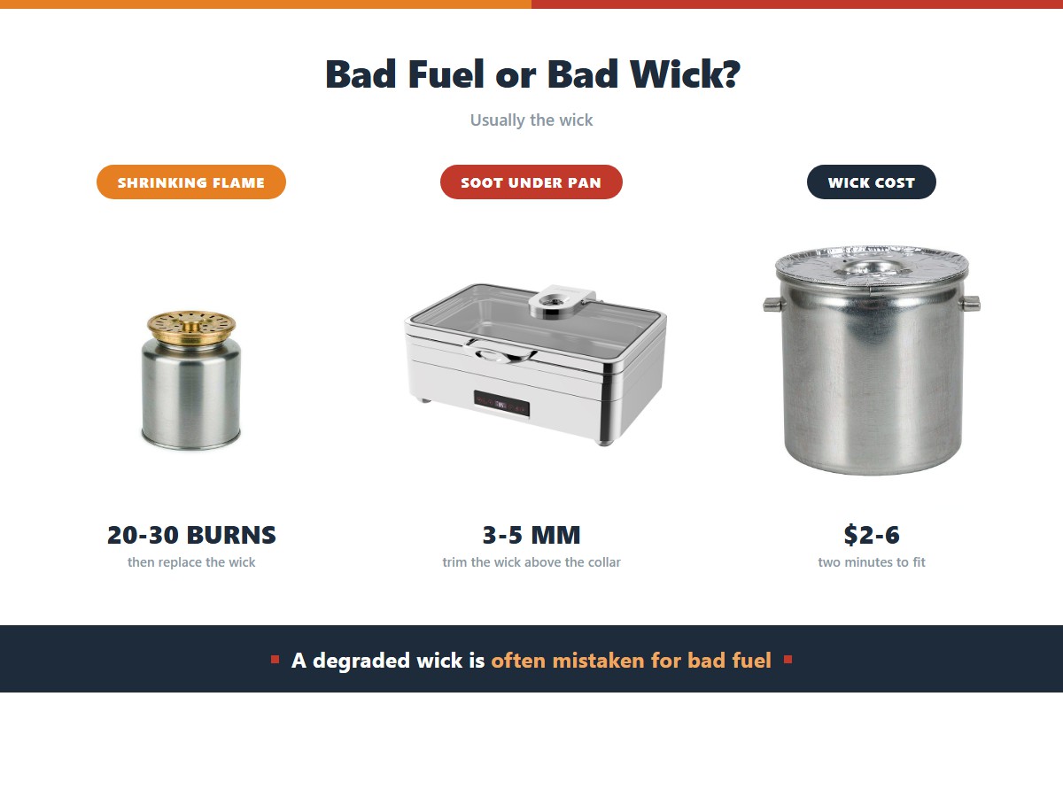Chafing dish fuel wicks: replace the wick every 20 to 30 burns or once a season, trim it to 3 to 5 millimetres above the collar to stop soot forming under the pan, and expect to pay 2 to 6 dollars for a replacement that takes two minutes to fit