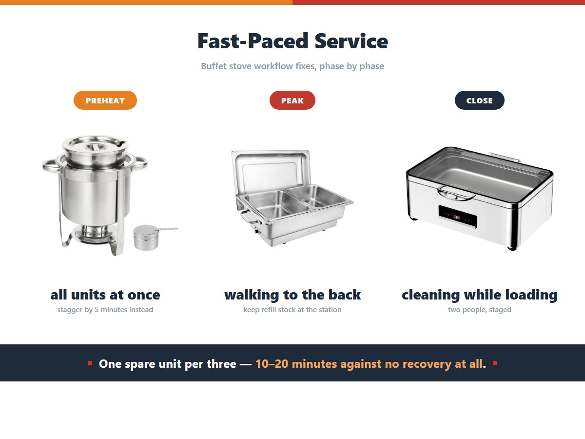 Where time is lost in each phase of a fast-paced buffet service and the fix: during preheat all units come on at once so stagger them by five minutes, at peak staff walk to the back for refills so keep stock at the station, and at close staff clean while loading so use two people in stages